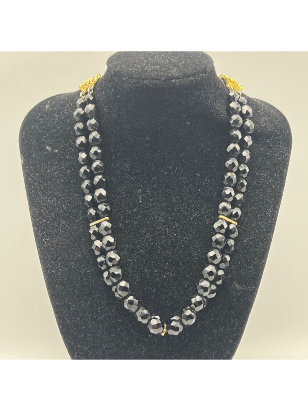 Vintage Hobe Black Glass Bead Necklace Double Strand Mid Century Gold Tone